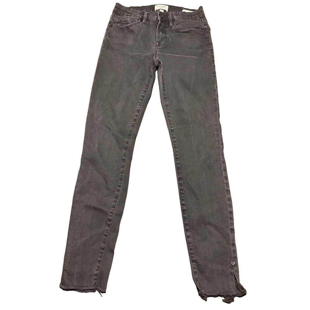 FRAME Denim Le Skinny De Jeanne Jeans Size 4 (27) Black Raw Hem Split Ankle Snap - Picture 1 of 7